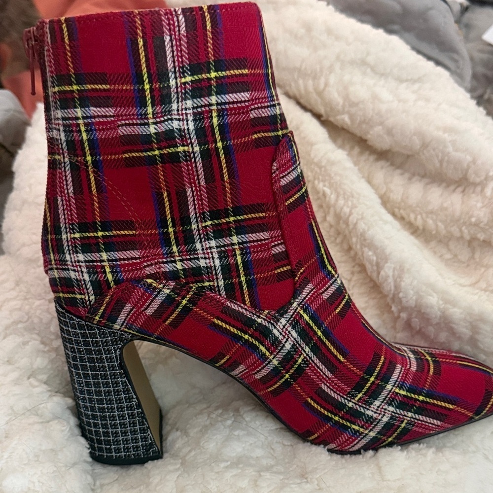 Betsey Johnson Red Plaid Ankle Booties with Patterned Block Heel